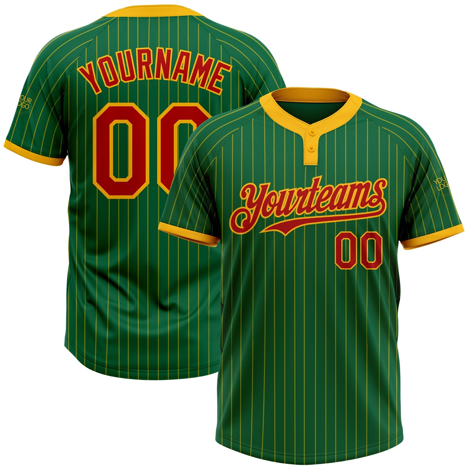 Custom Kelly Green Gold Pinstripe Red Two-Button Unisex Softball Jersey - Main View