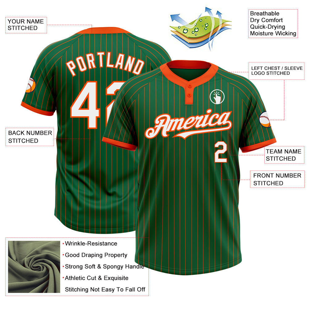 Custom Kelly Green Orange Pinstripe White Two-Button Unisex Softball Jersey view 3