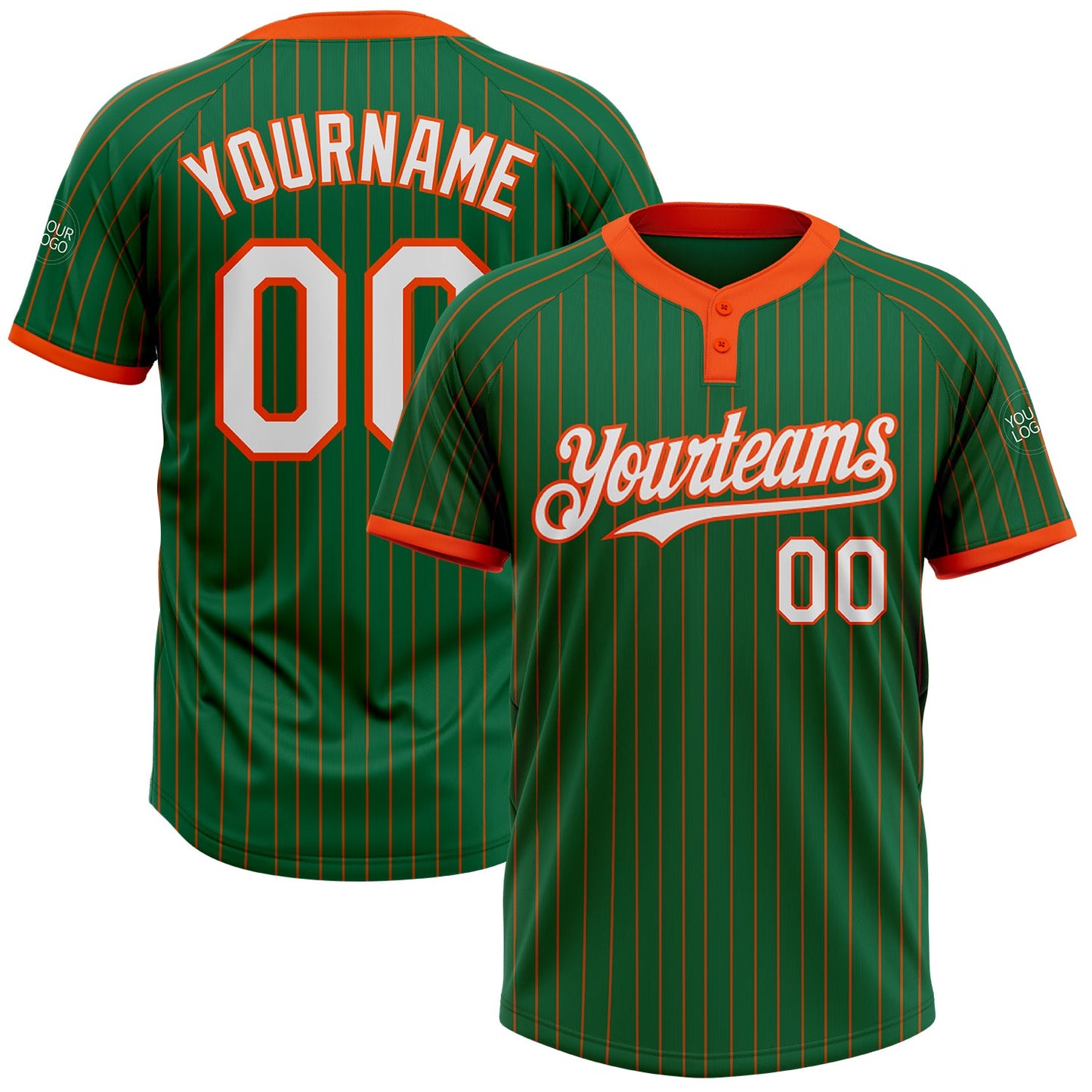 Custom Kelly Green Orange Pinstripe White Two-Button Unisex Softball Jersey - Main View