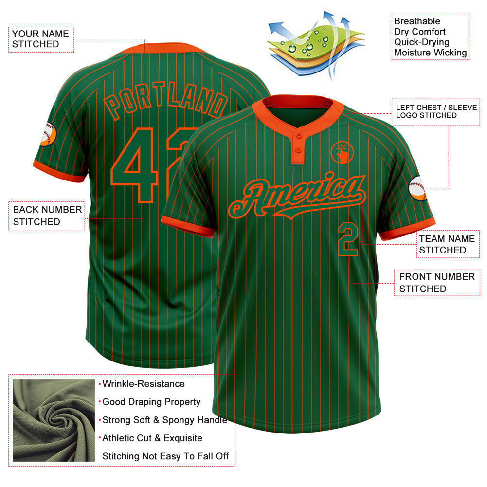 Custom Kelly Green Orange Pinstripe Orange Two-Button Unisex Softball Jersey view 3
