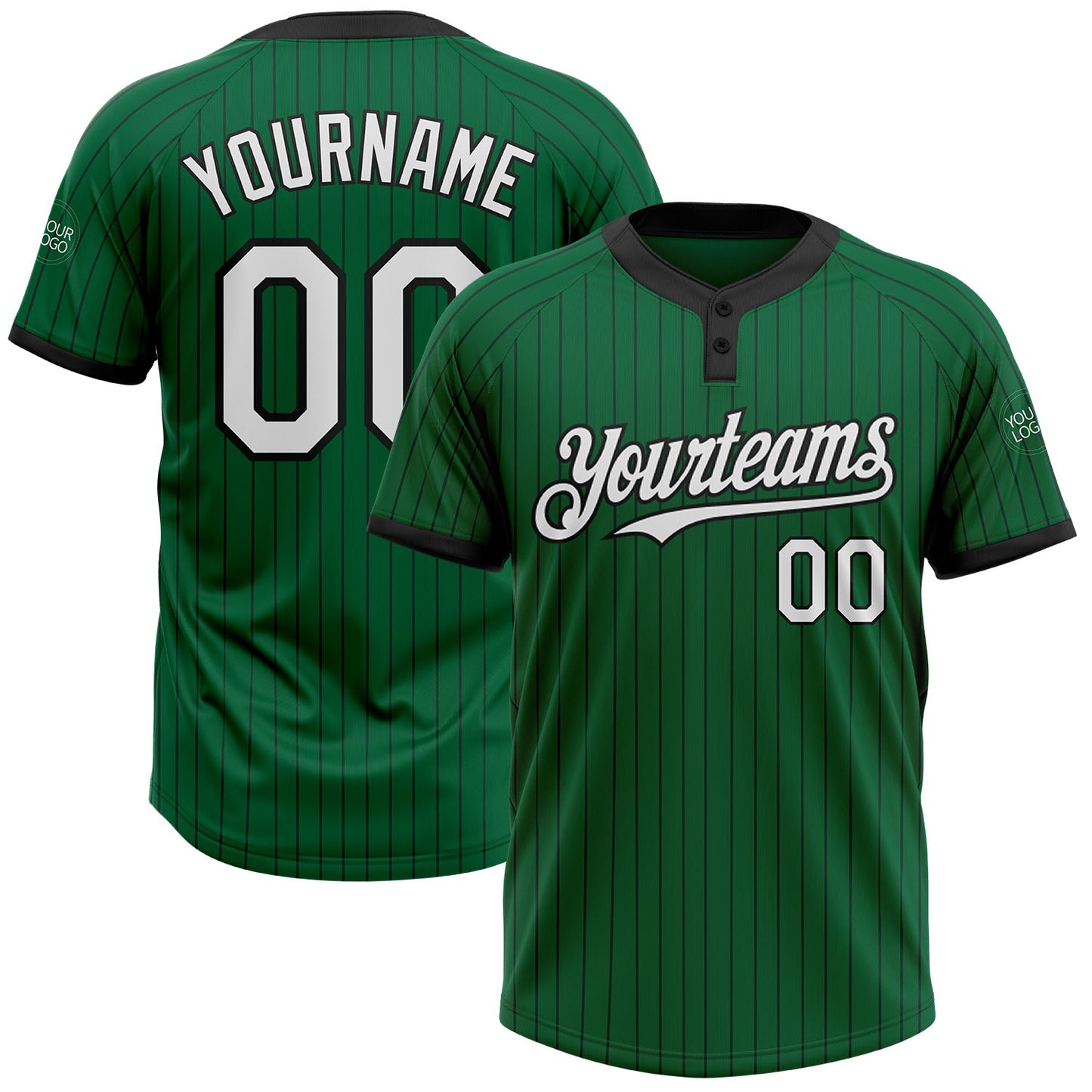 Custom Kelly Green Black Pinstripe White Two-Button Unisex Softball Jersey - Main View