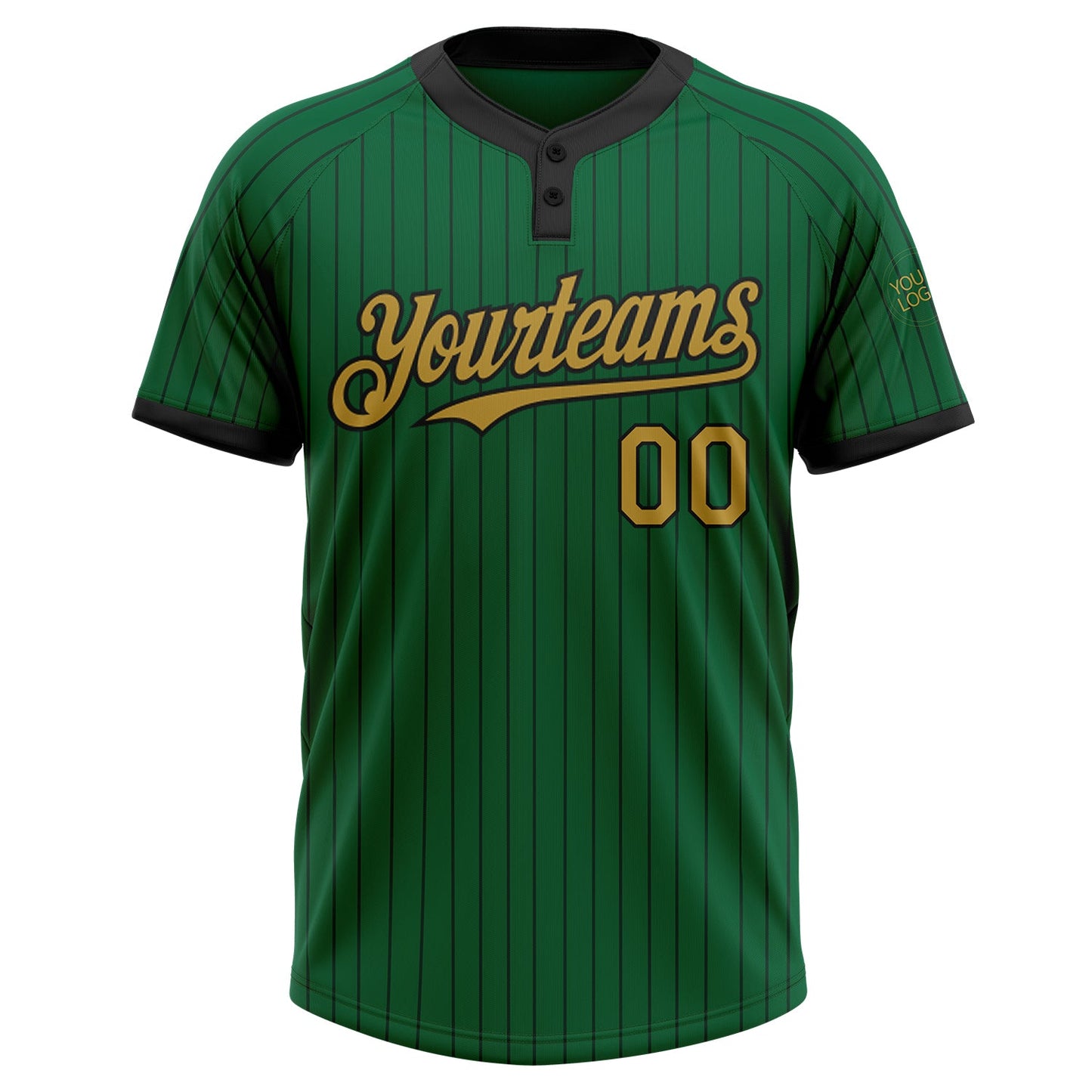 Custom Kelly Green Black Pinstripe Old Gold Two-Button Unisex Softball Jersey view 2
