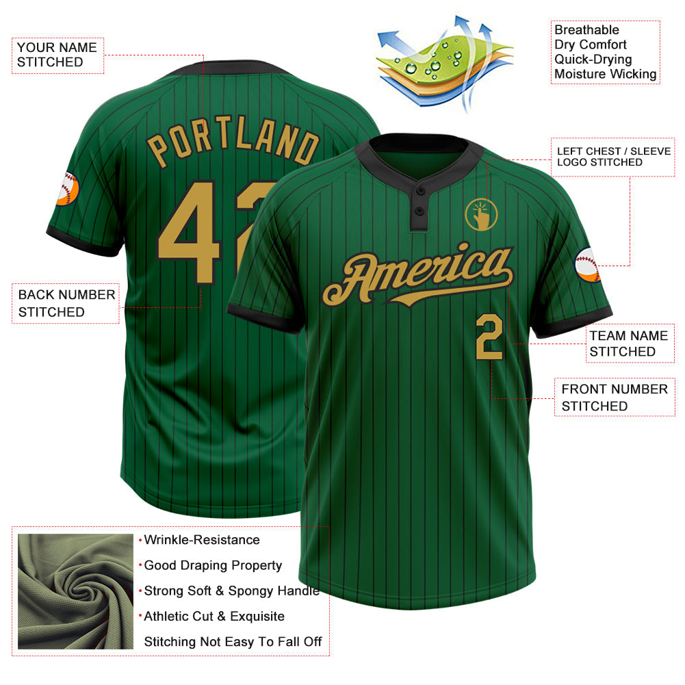 Custom Kelly Green Black Pinstripe Old Gold Two-Button Unisex Softball Jersey view 3