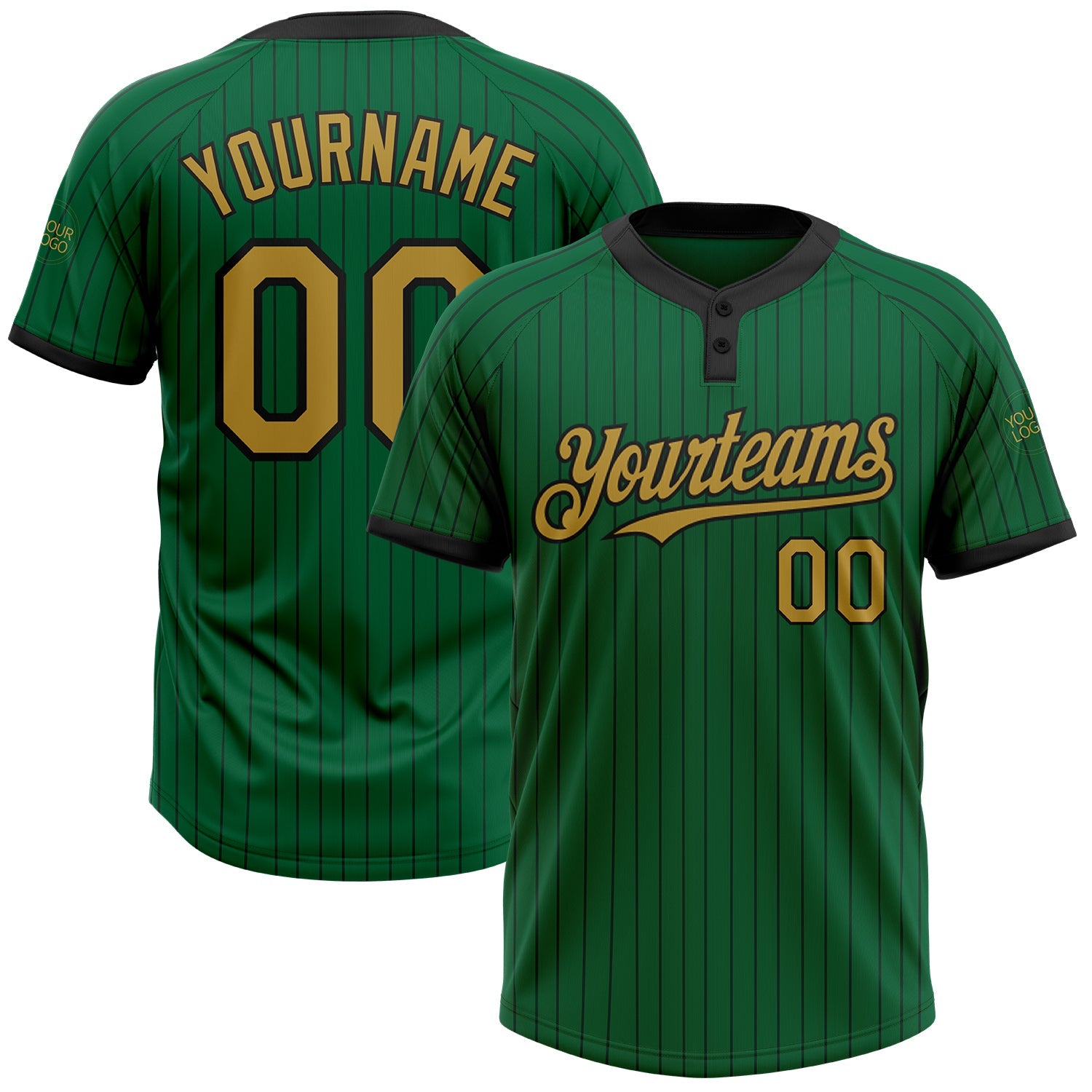 Custom Kelly Green Black Pinstripe Old Gold Two-Button Unisex Softball Jersey - Main View