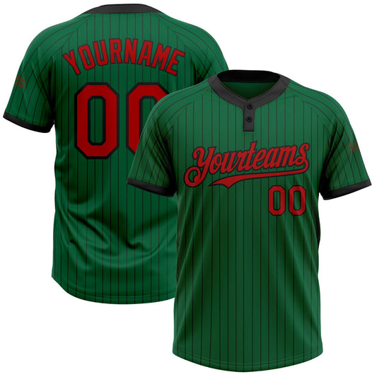 Custom Kelly Green Black Pinstripe Red Two-Button Unisex Softball Jersey - Main View