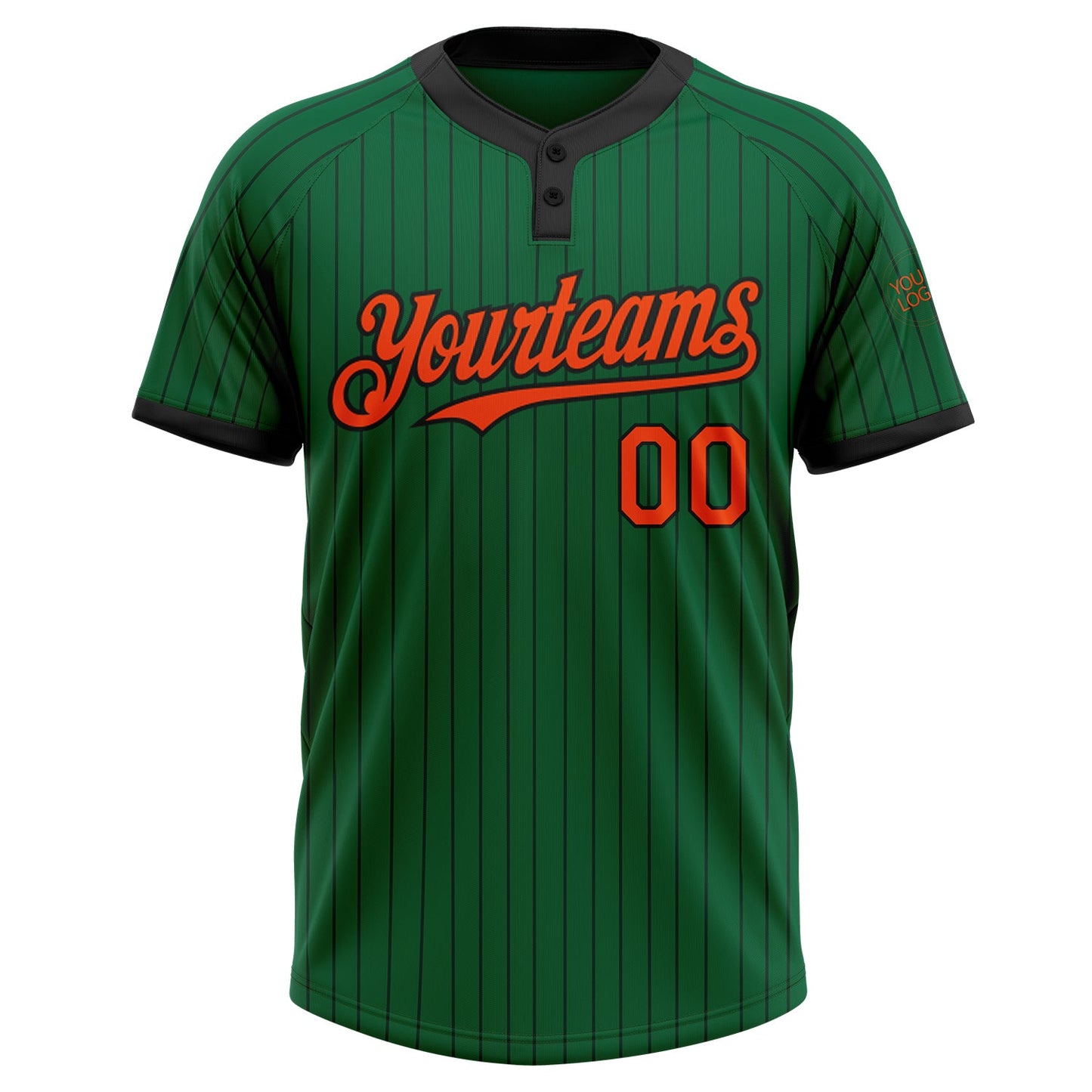 Custom Kelly Green Black Pinstripe Orange Two-Button Unisex Softball Jersey view 2