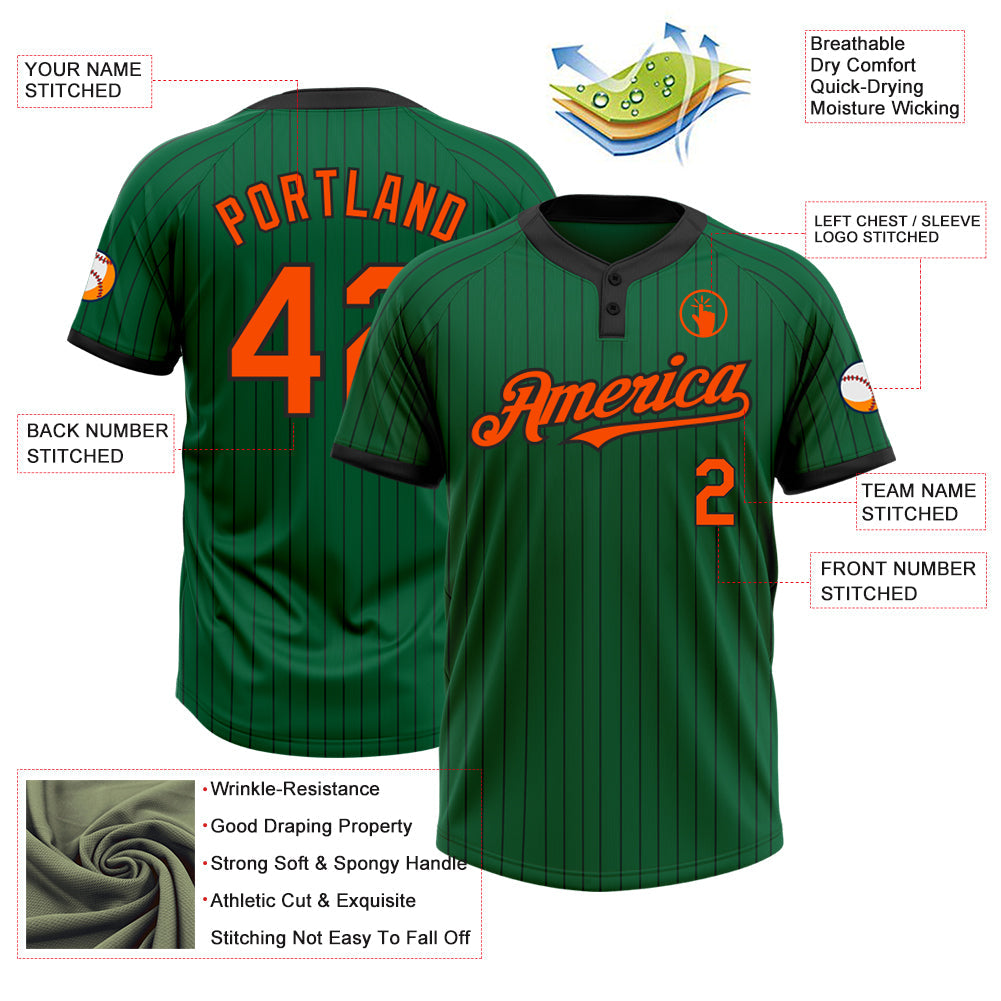 Custom Kelly Green Black Pinstripe Orange Two-Button Unisex Softball Jersey view 3