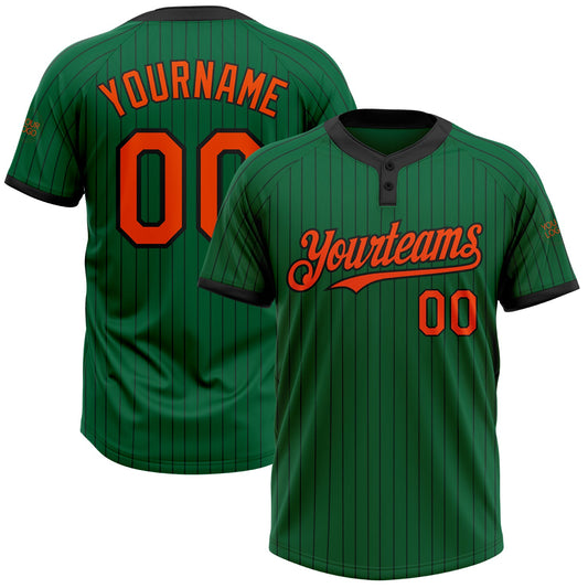 Custom Kelly Green Black Pinstripe Orange Two-Button Unisex Softball Jersey - Main View