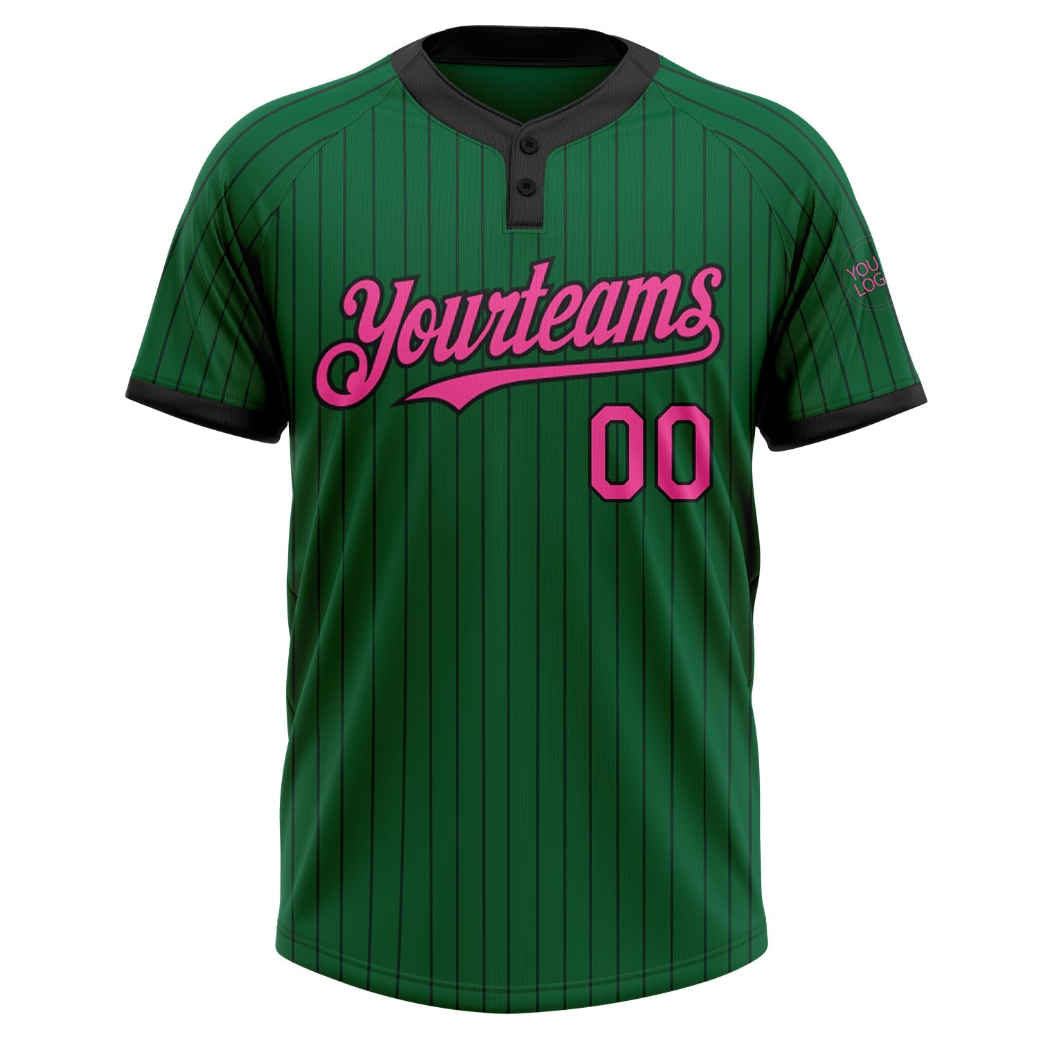 Custom Kelly Green Black Pinstripe Pink Two-Button Unisex Softball Jersey view 2