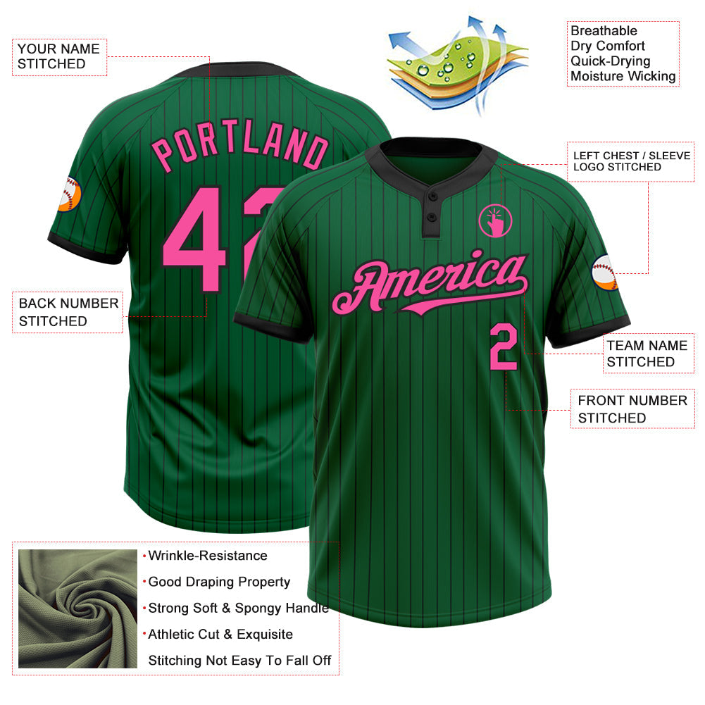 Custom Kelly Green Black Pinstripe Pink Two-Button Unisex Softball Jersey view 3