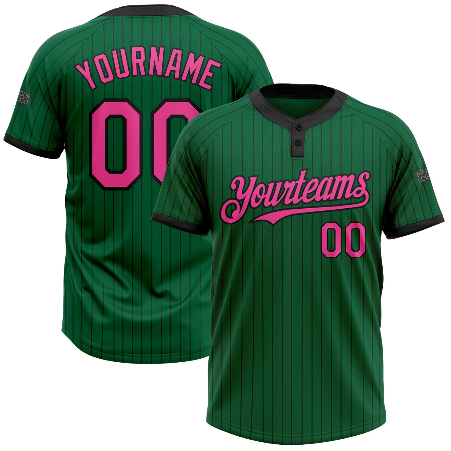 Custom Kelly Green Black Pinstripe Pink Two-Button Unisex Softball Jersey - Main View