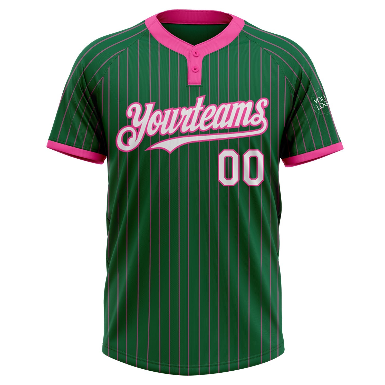 Custom Kelly Green Pink Pinstripe White Two-Button Unisex Softball Jersey view 2