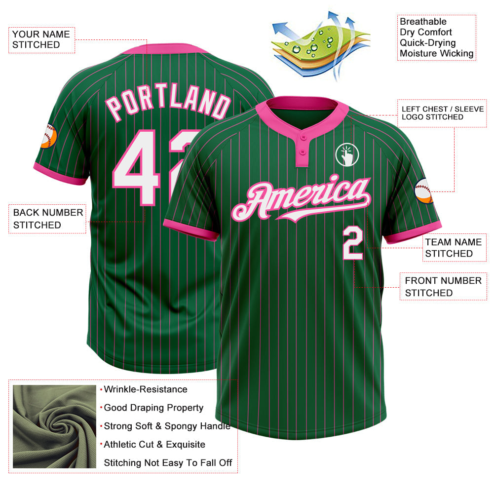 Custom Kelly Green Pink Pinstripe White Two-Button Unisex Softball Jersey view 3