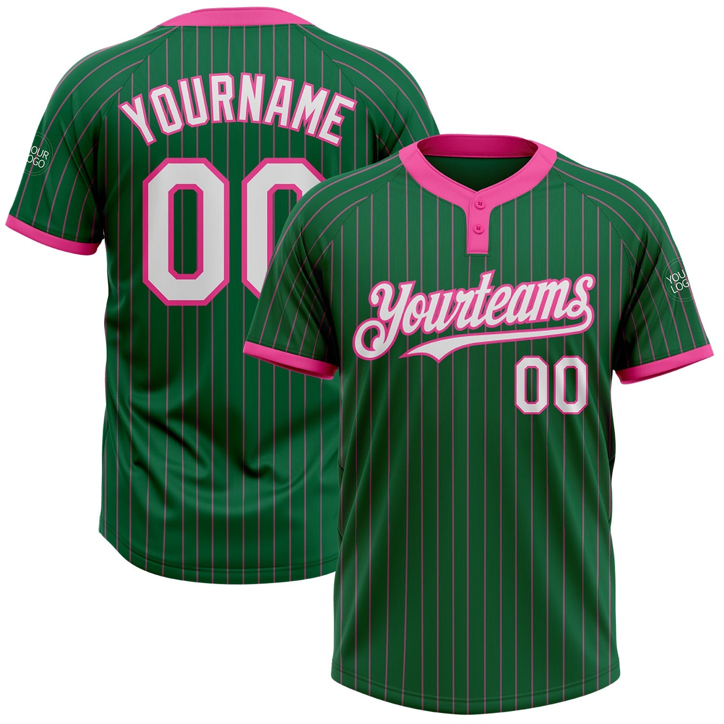 Custom Kelly Green Pink Pinstripe White Two-Button Unisex Softball Jersey - Main View