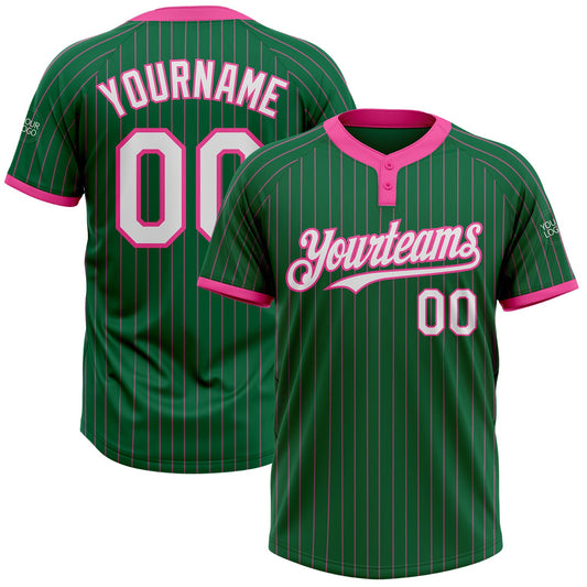 Custom Kelly Green Pink Pinstripe White Two-Button Unisex Softball Jersey - Main View