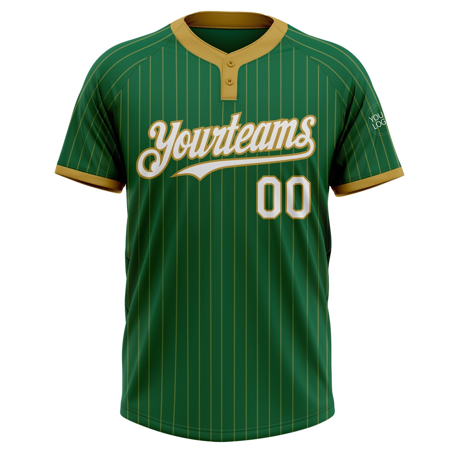 Custom Kelly Green Old Gold Pinstripe White Two-Button Unisex Softball Jersey view 2