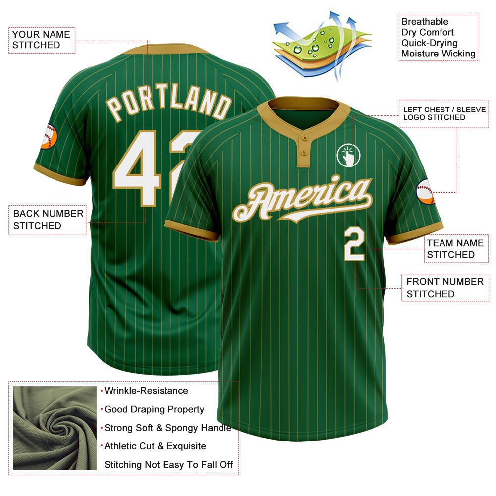 Custom Kelly Green Old Gold Pinstripe White Two-Button Unisex Softball Jersey view 3