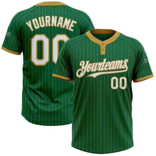 Custom Kelly Green Old Gold Pinstripe White Two-Button Unisex Softball Jersey - Main View