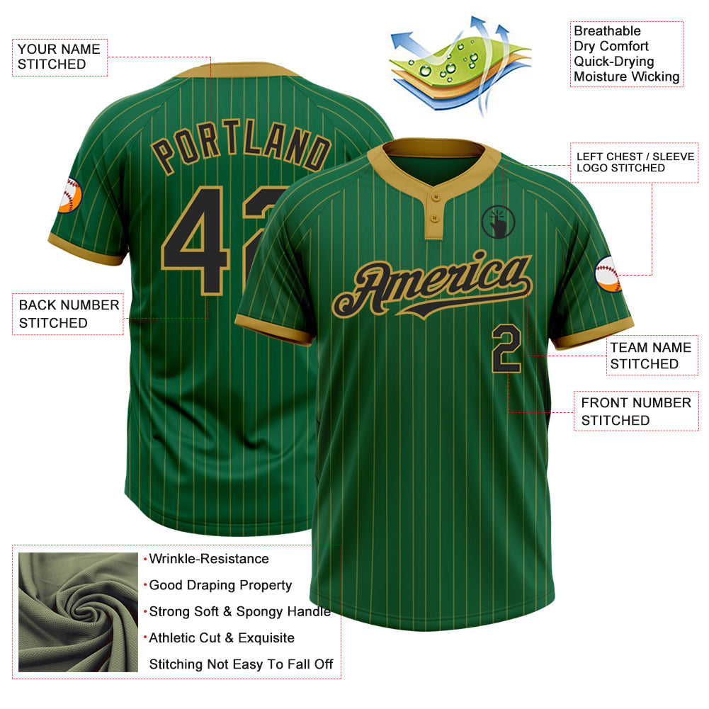 Custom Kelly Green Old Gold Pinstripe Black Two-Button Unisex Softball Jersey view 4