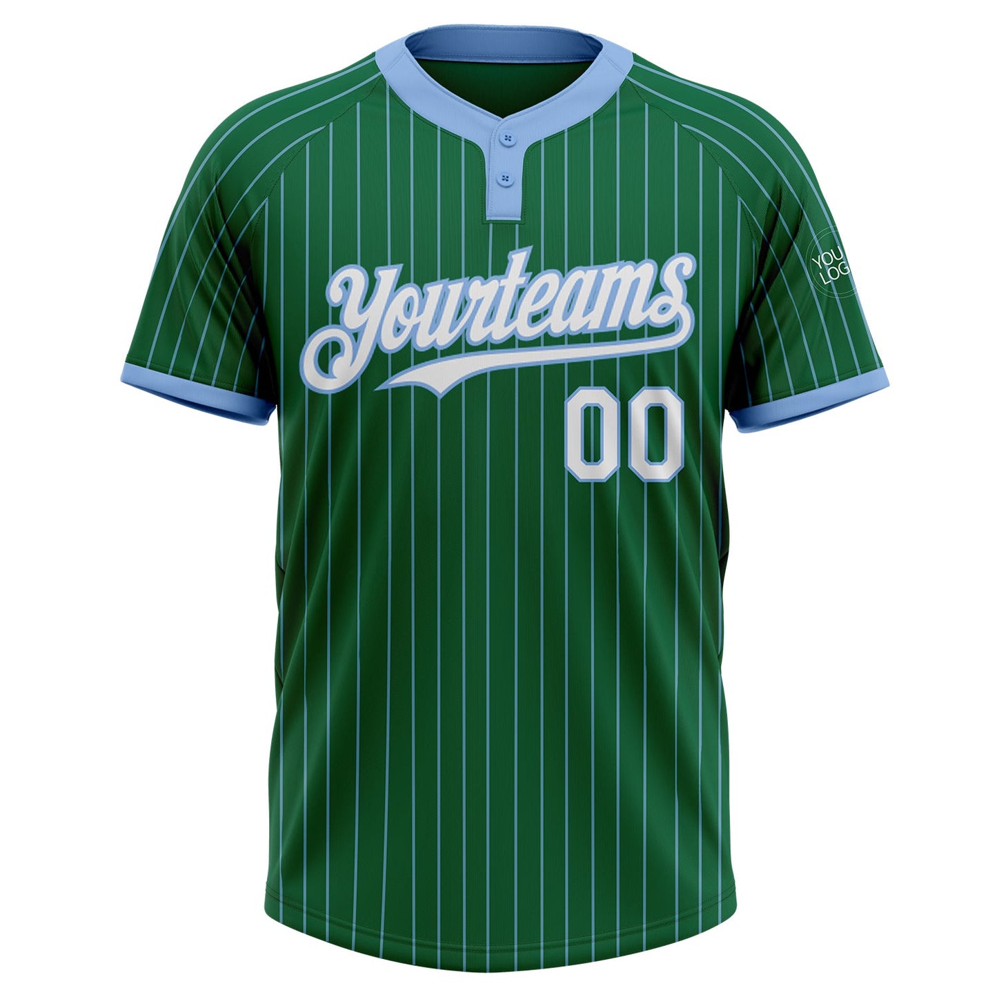 Custom Kelly Green Light Blue Pinstripe White Two-Button Unisex Softball Jersey view 2