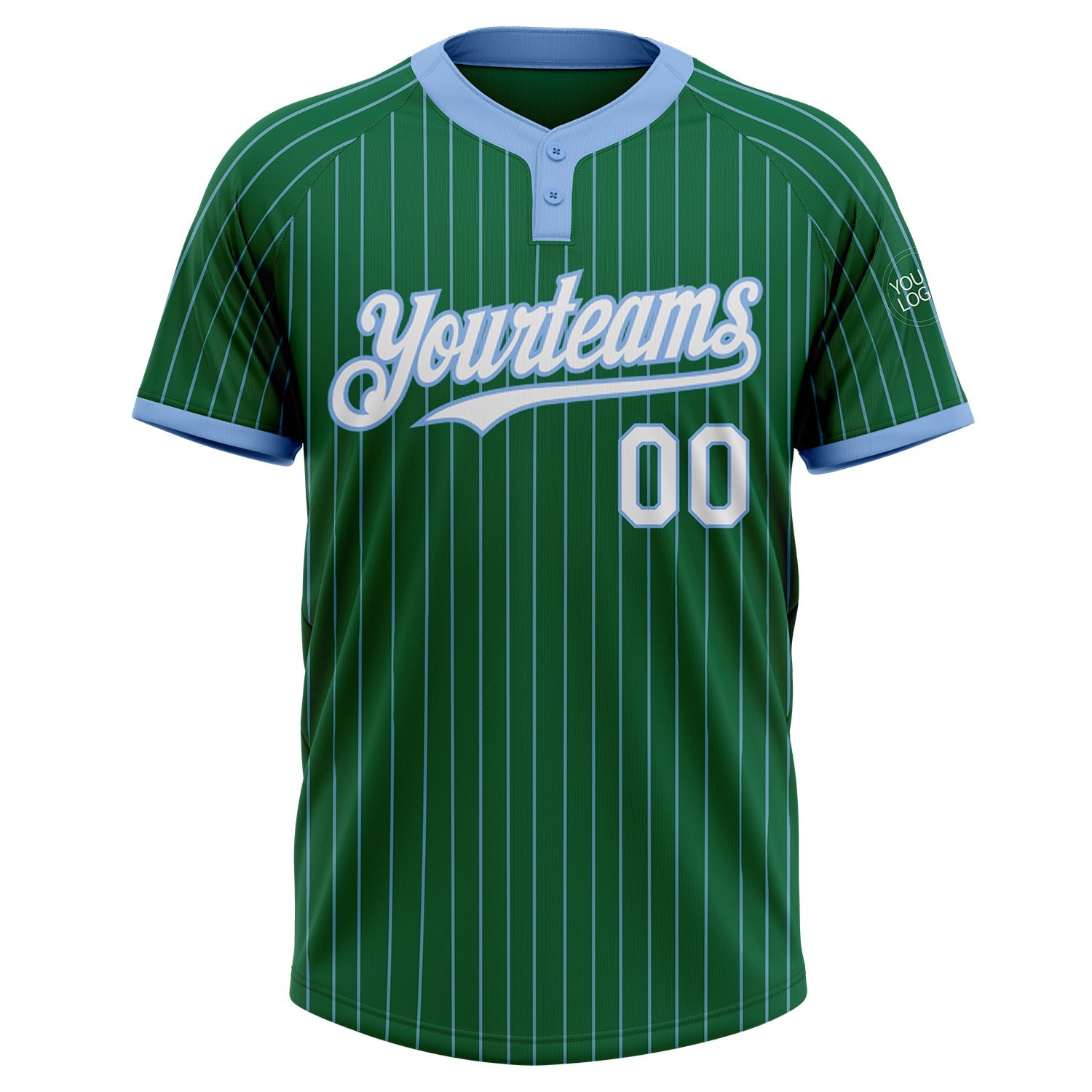 Custom Kelly Green Light Blue Pinstripe White Two-Button Unisex Softball Jersey view 2