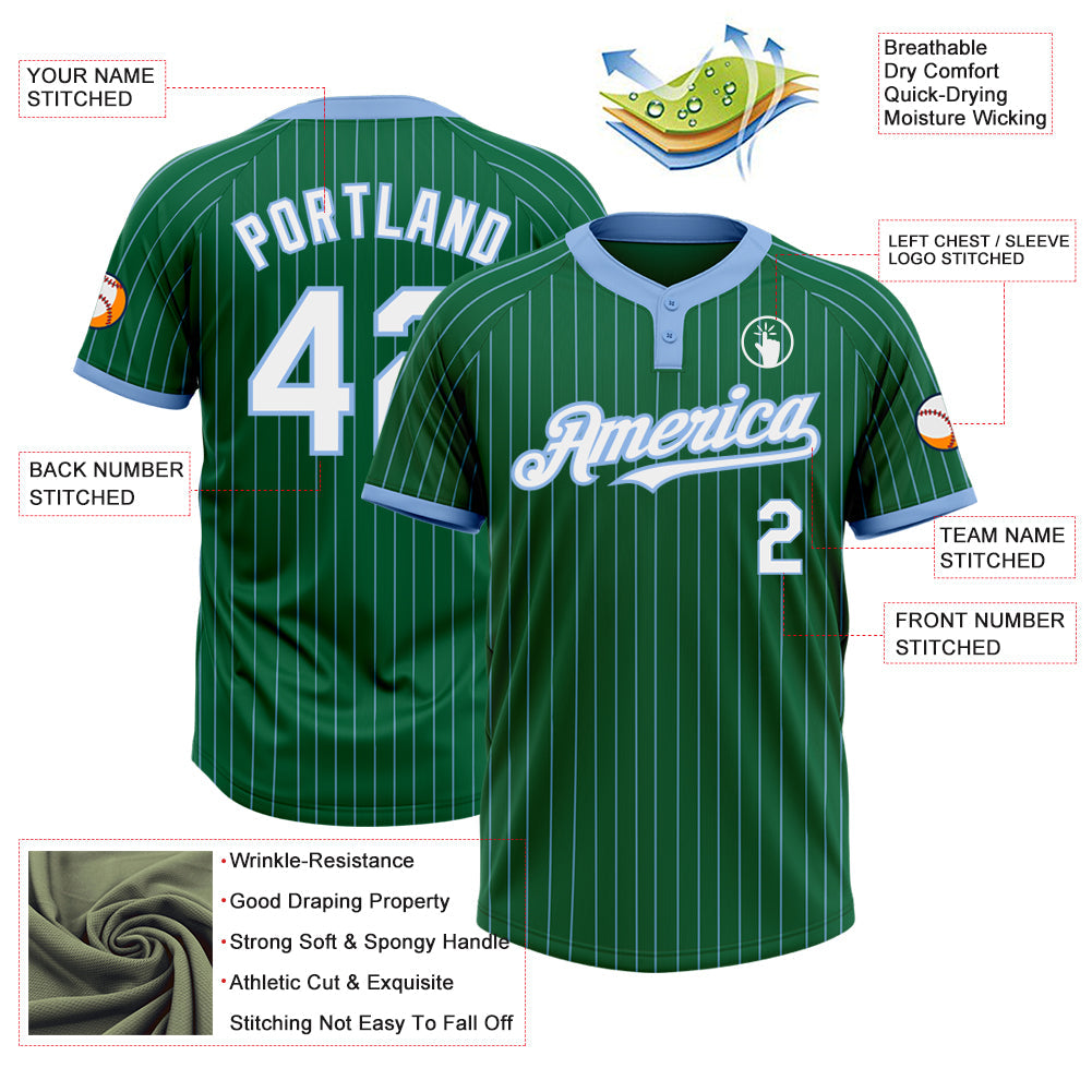 Custom Kelly Green Light Blue Pinstripe White Two-Button Unisex Softball Jersey view 3