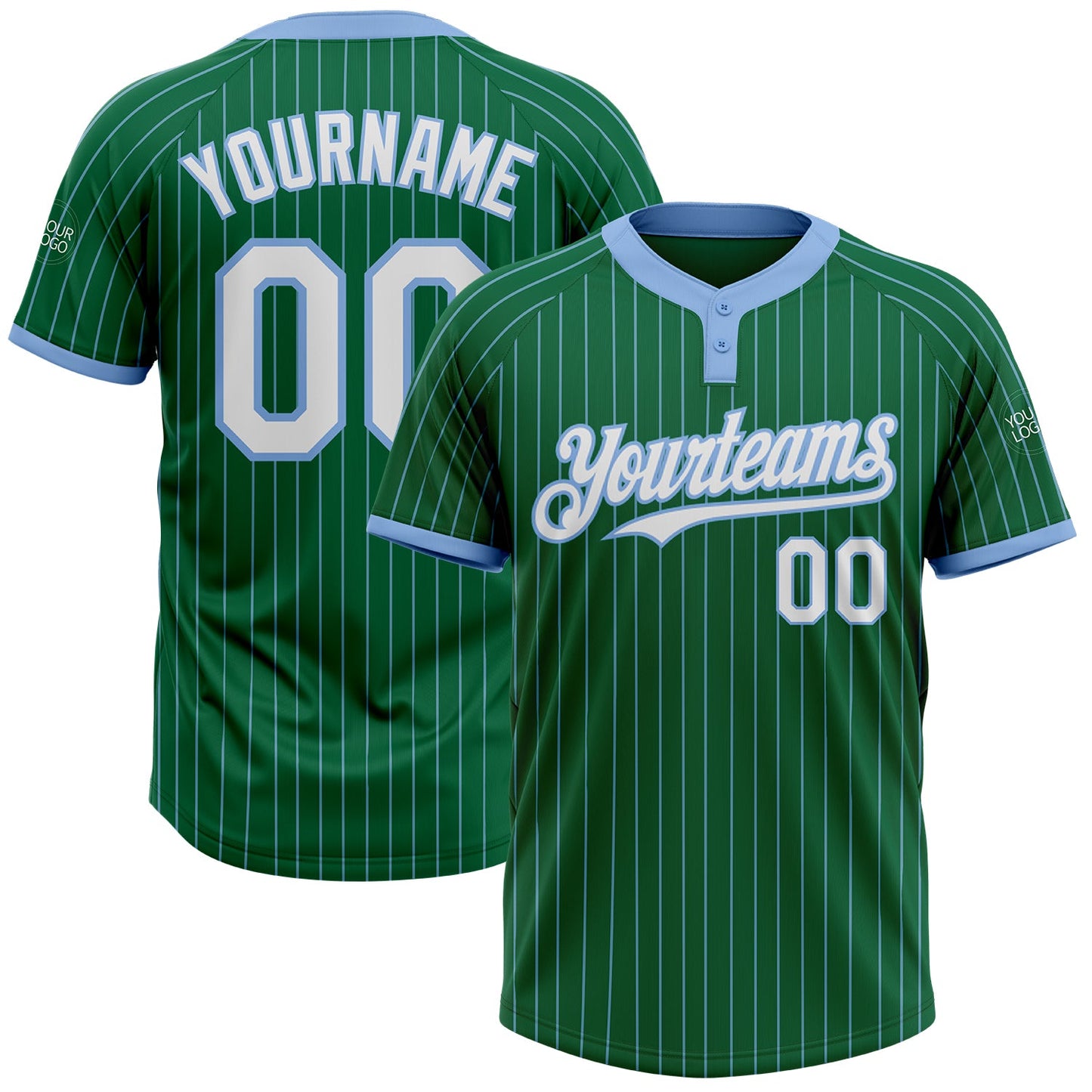 Custom Kelly Green Light Blue Pinstripe White Two-Button Unisex Softball Jersey - Main View