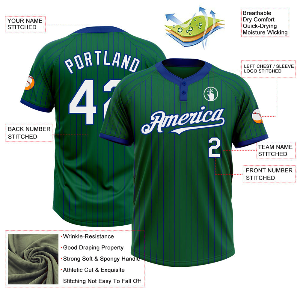 Custom Kelly Green Royal Pinstripe White Two-Button Unisex Softball Jersey view 3