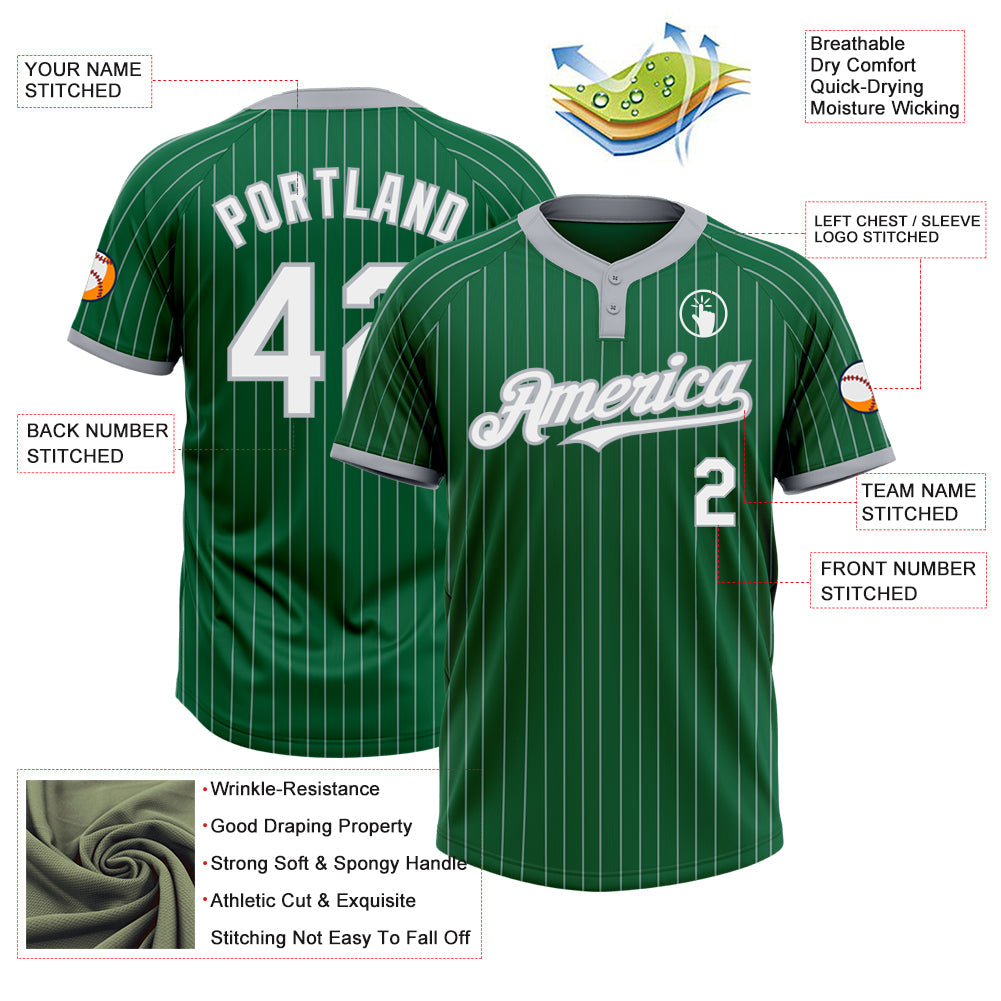 Custom Kelly Green Gray Pinstripe White Two-Button Unisex Softball Jersey view 3