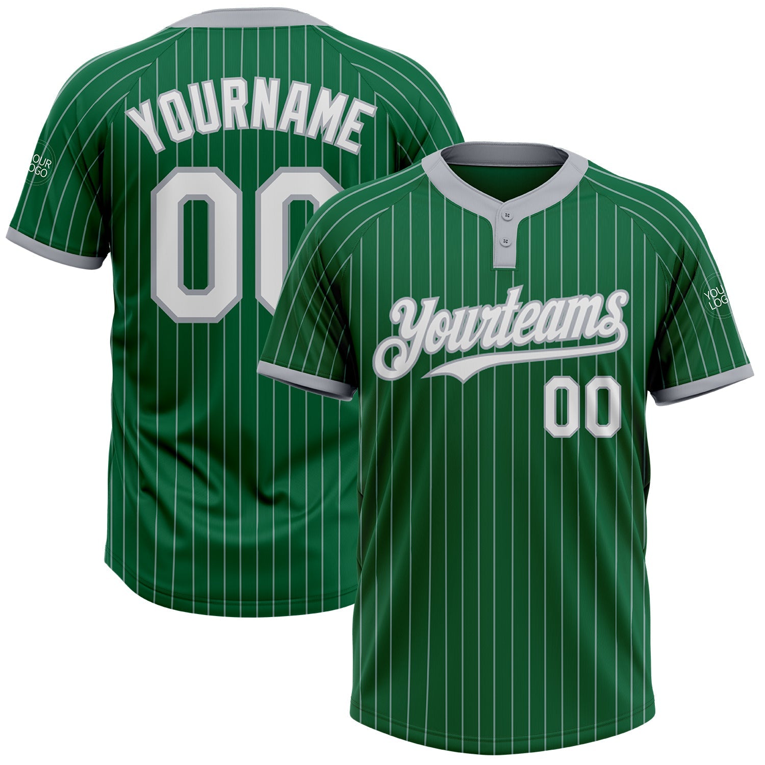 Custom Kelly Green Gray Pinstripe White Two-Button Unisex Softball Jersey - Main View