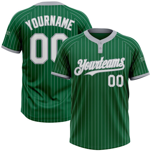 Custom Kelly Green Gray Pinstripe White Two-Button Unisex Softball Jersey - Main View