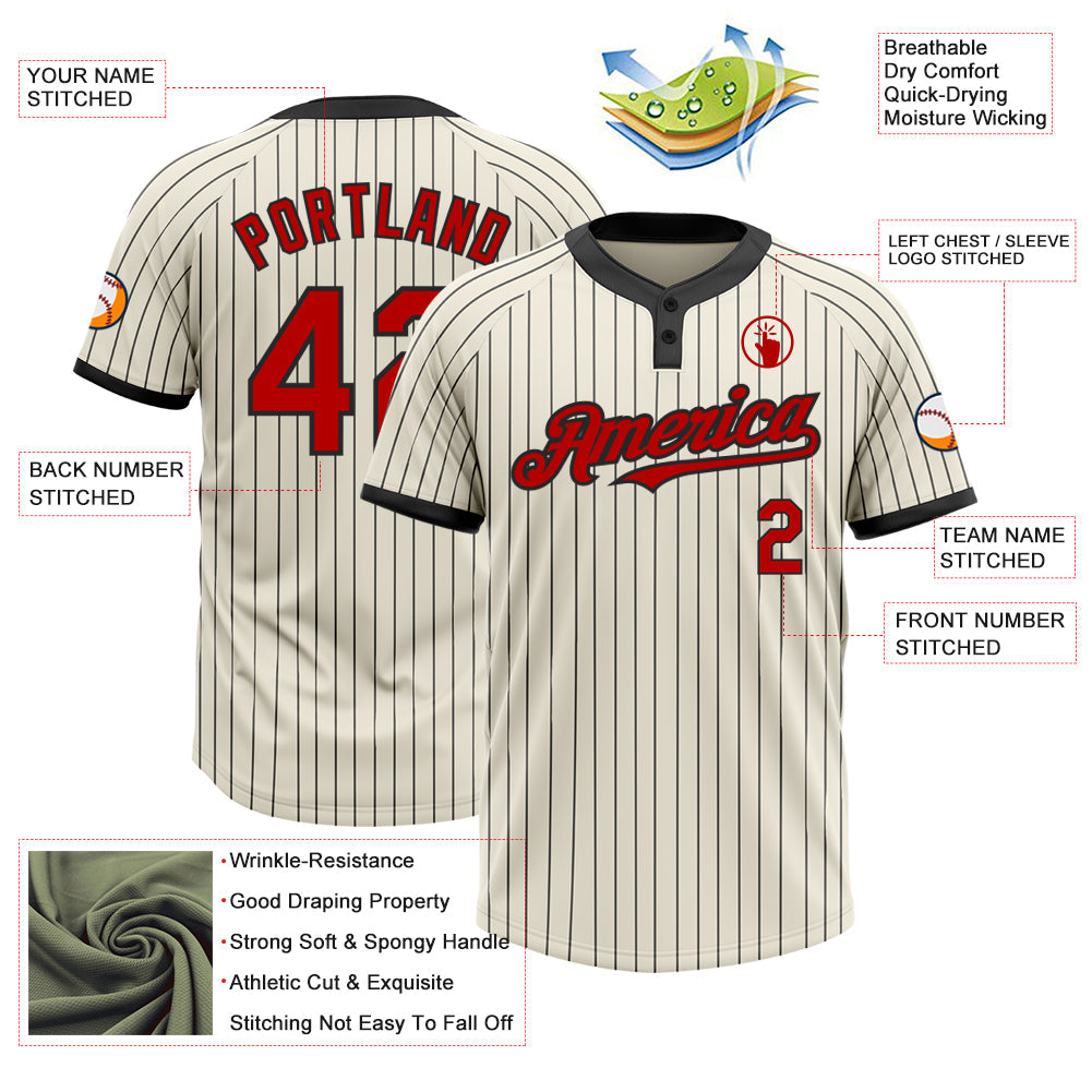 Custom Cream Black Pinstripe Red Two-Button Unisex Softball Jersey view 3