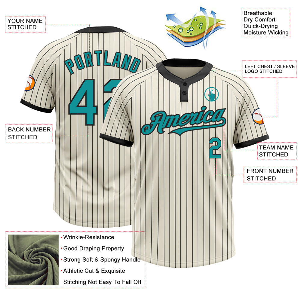 Custom Cream Black Pinstripe Teal Two-Button Unisex Softball Jersey view 3