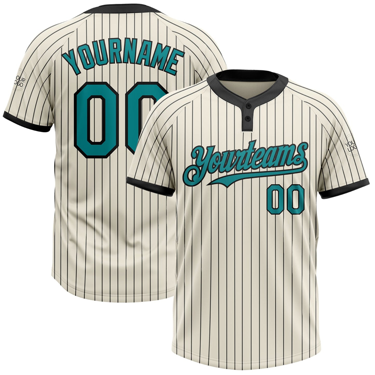 Custom Cream Black Pinstripe Teal Two-Button Unisex Softball Jersey - Main View
