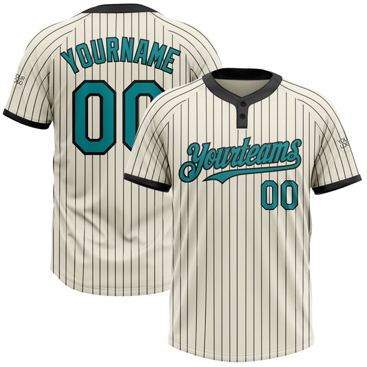Custom Cream Black Pinstripe Teal Two-Button Unisex Softball Jersey - Main View