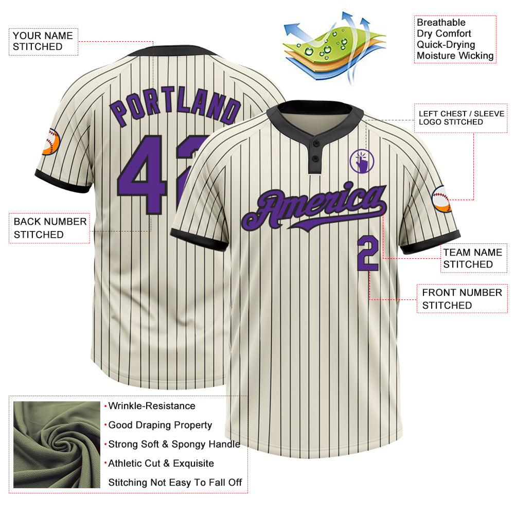 Custom Cream Black Pinstripe Purple Two-Button Unisex Softball Jersey view 3
