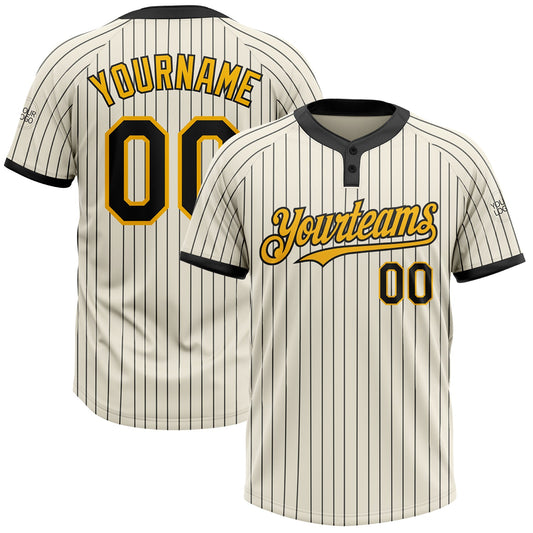 Custom Cream Black Pinstripe Gold Two-Button Unisex Softball Jersey - Main View