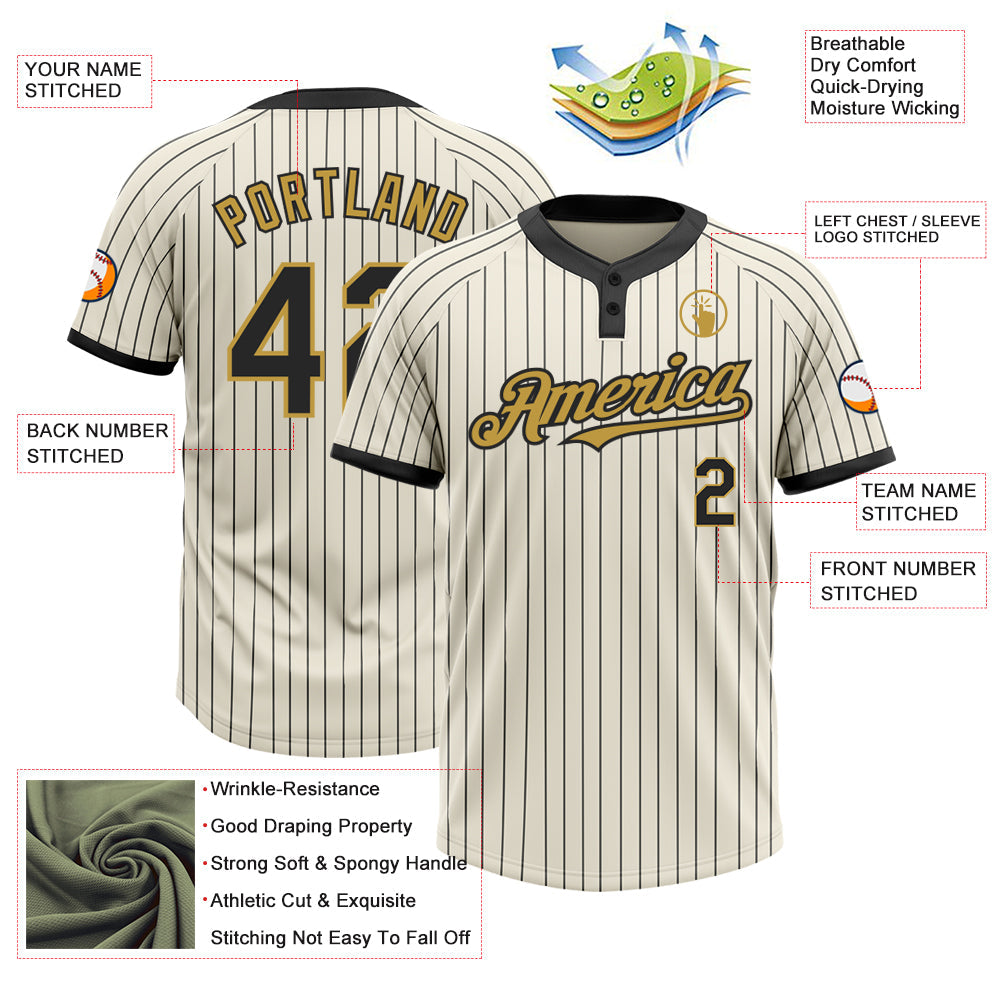 Custom Cream Black Pinstripe Old Gold Two-Button Unisex Softball Jersey view 3