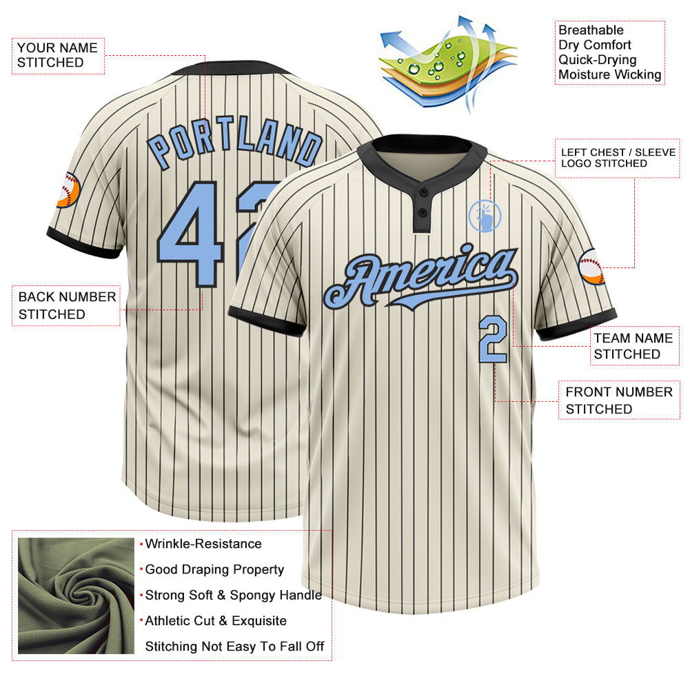 Custom Cream Black Pinstripe Light Blue Two-Button Unisex Softball Jersey view 3