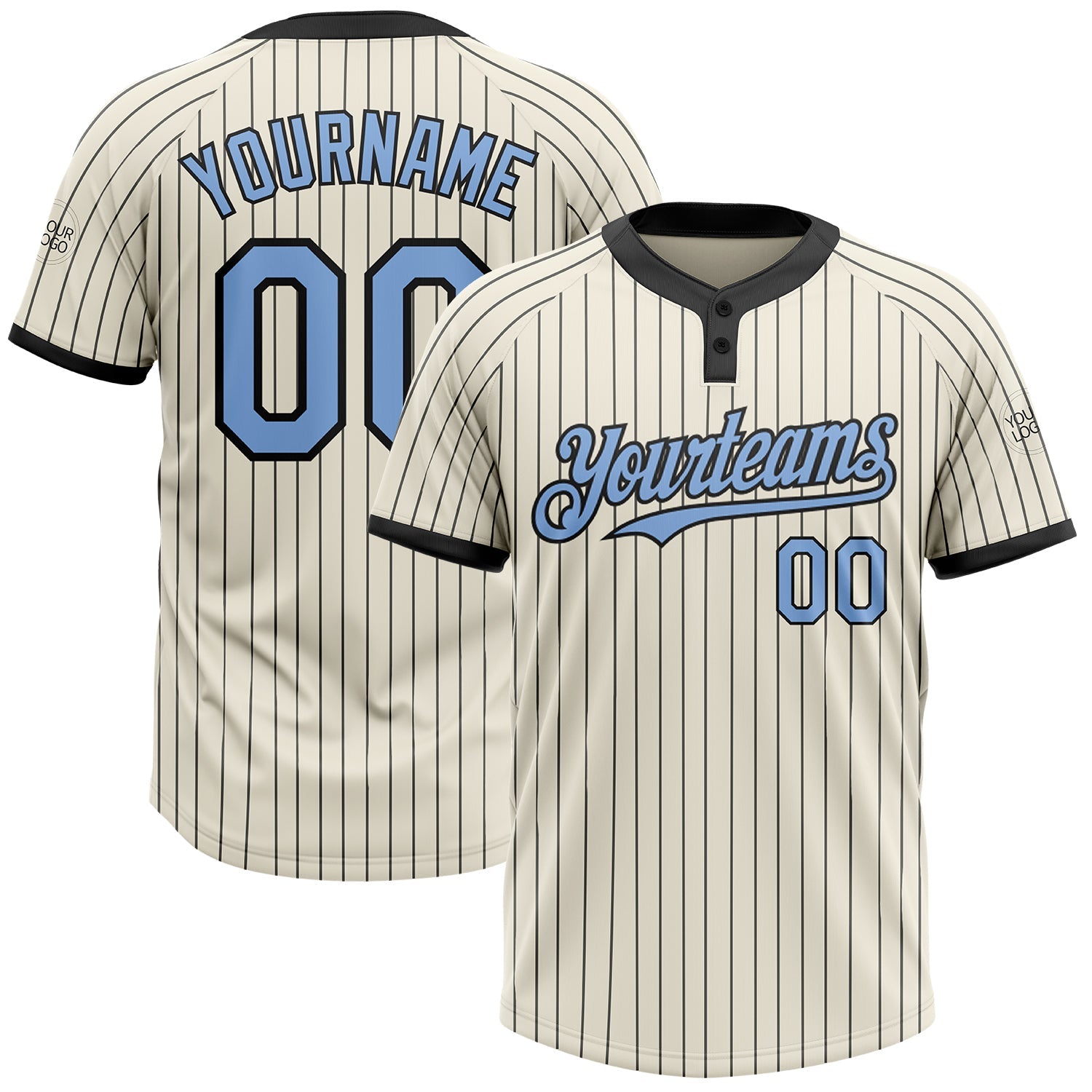 Custom Cream Black Pinstripe Light Blue Two-Button Unisex Softball Jersey - Main View