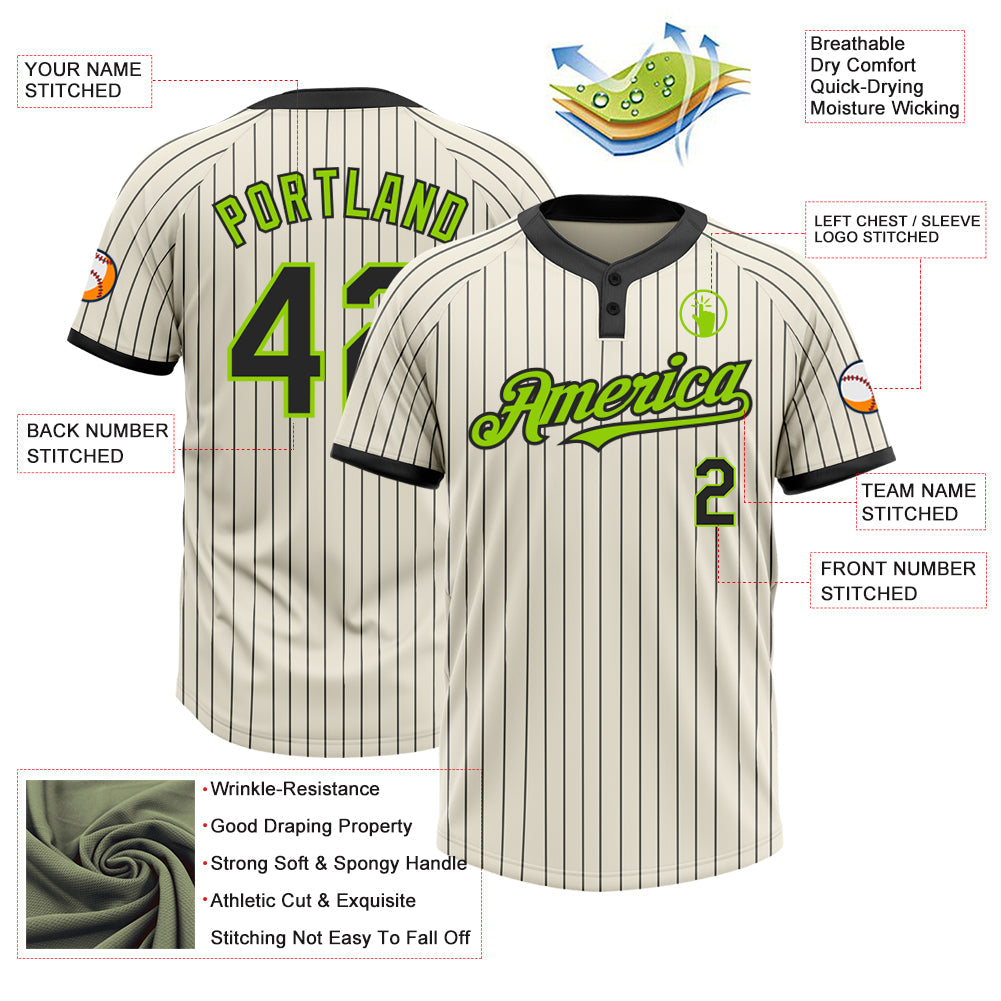 Custom Cream Black Pinstripe Neon Green Two-Button Unisex Softball Jersey view 3