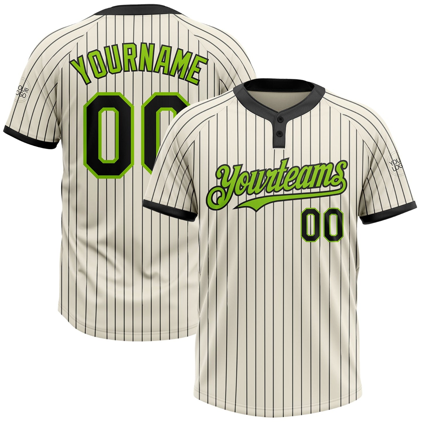 Custom Cream Black Pinstripe Neon Green Two-Button Unisex Softball Jersey - Main View