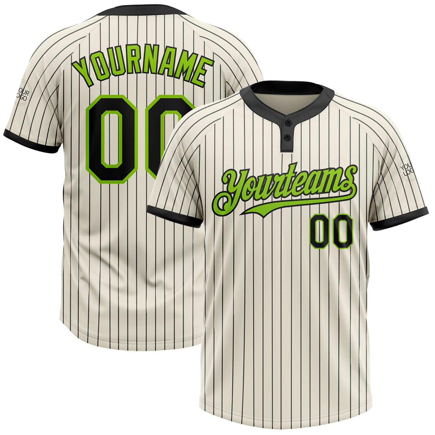 Custom Cream Black Pinstripe Neon Green Two-Button Unisex Softball Jersey - Main View