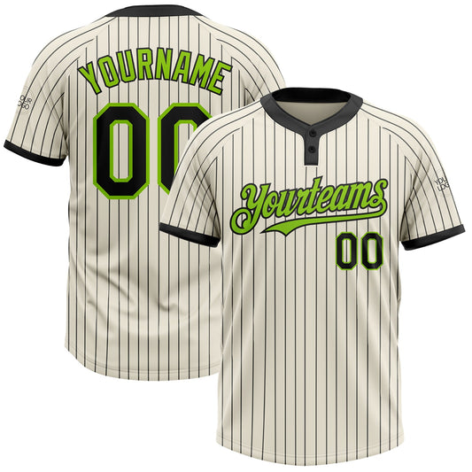 Custom Cream Black Pinstripe Neon Green Two-Button Unisex Softball Jersey - Main View