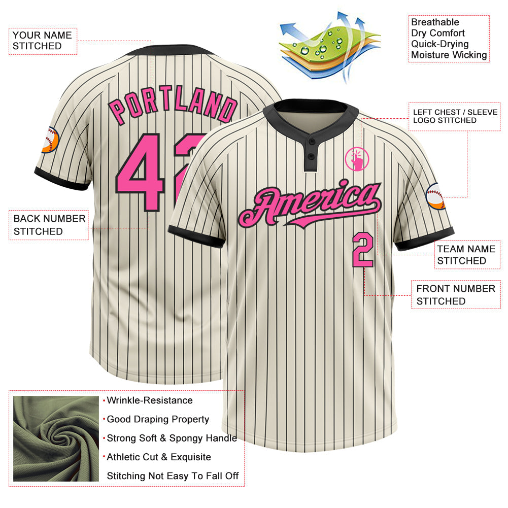 Custom Cream Black Pinstripe Pink Two-Button Unisex Softball Jersey view 3