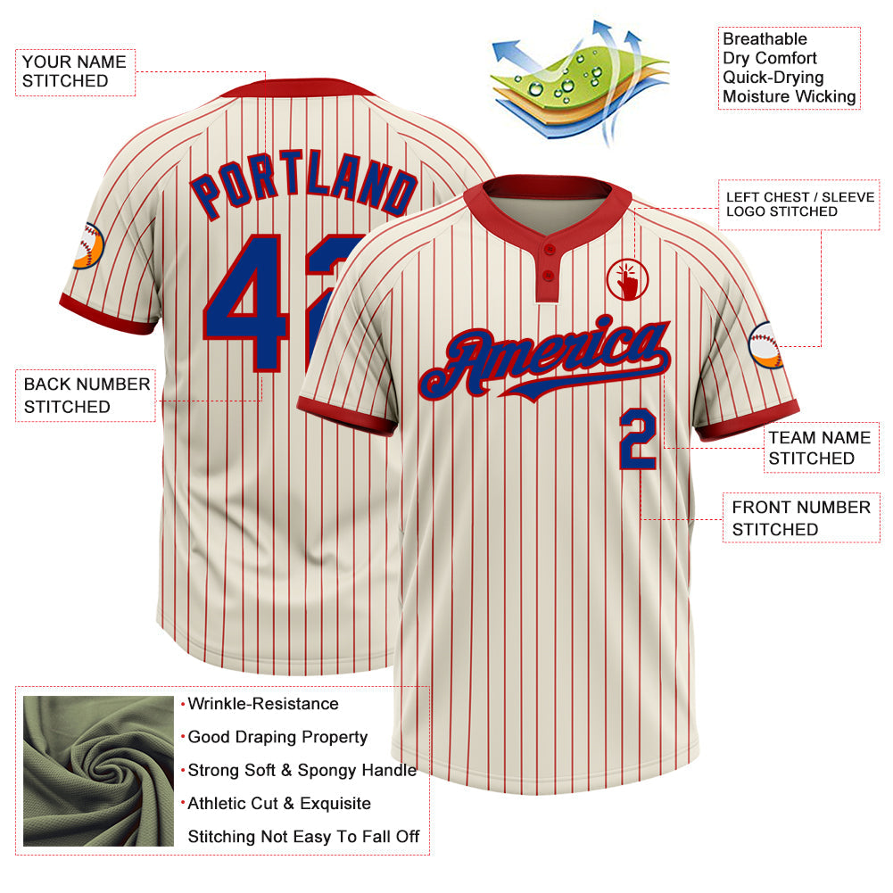 Custom Cream Red Pinstripe Royal Two-Button Unisex Softball Jersey view 3