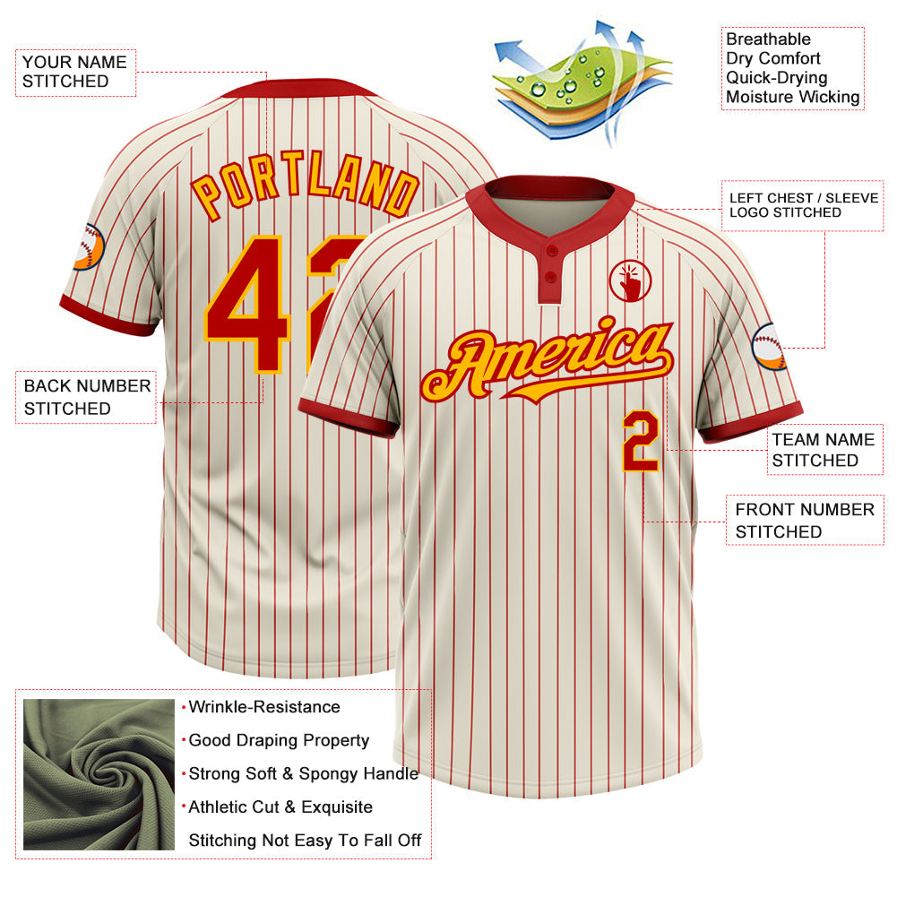 Custom Cream Red Pinstripe Gold Two-Button Unisex Softball Jersey view 3