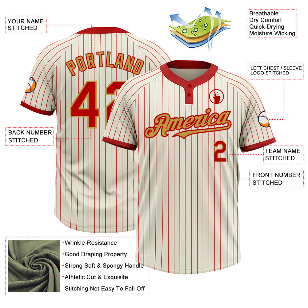 Custom Cream Red Pinstripe Old Gold Two-Button Unisex Softball Jersey view 3