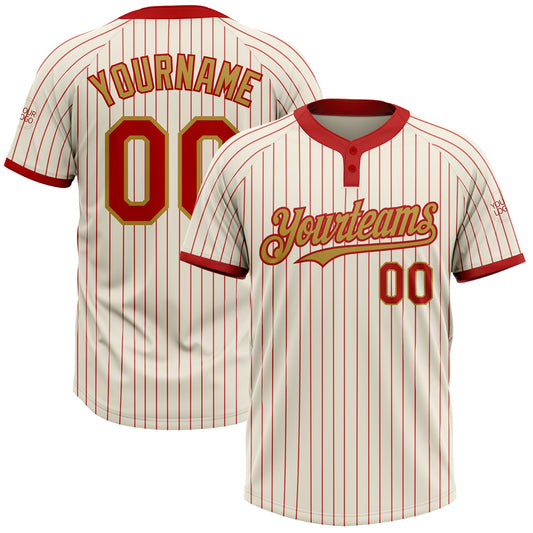 Custom Cream Red Pinstripe Old Gold Two-Button Unisex Softball Jersey - Main View