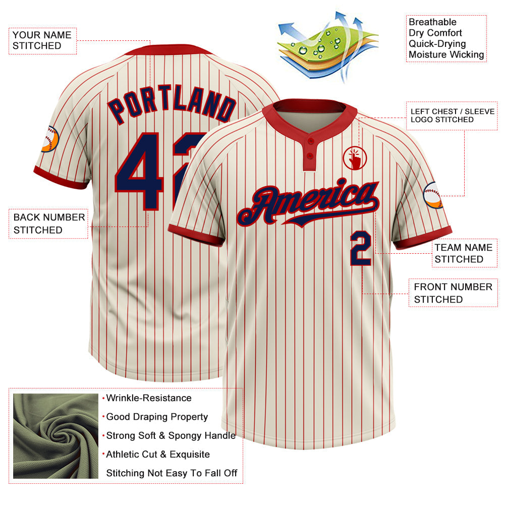 Custom Cream Red Pinstripe Navy Two-Button Unisex Softball Jersey view 3